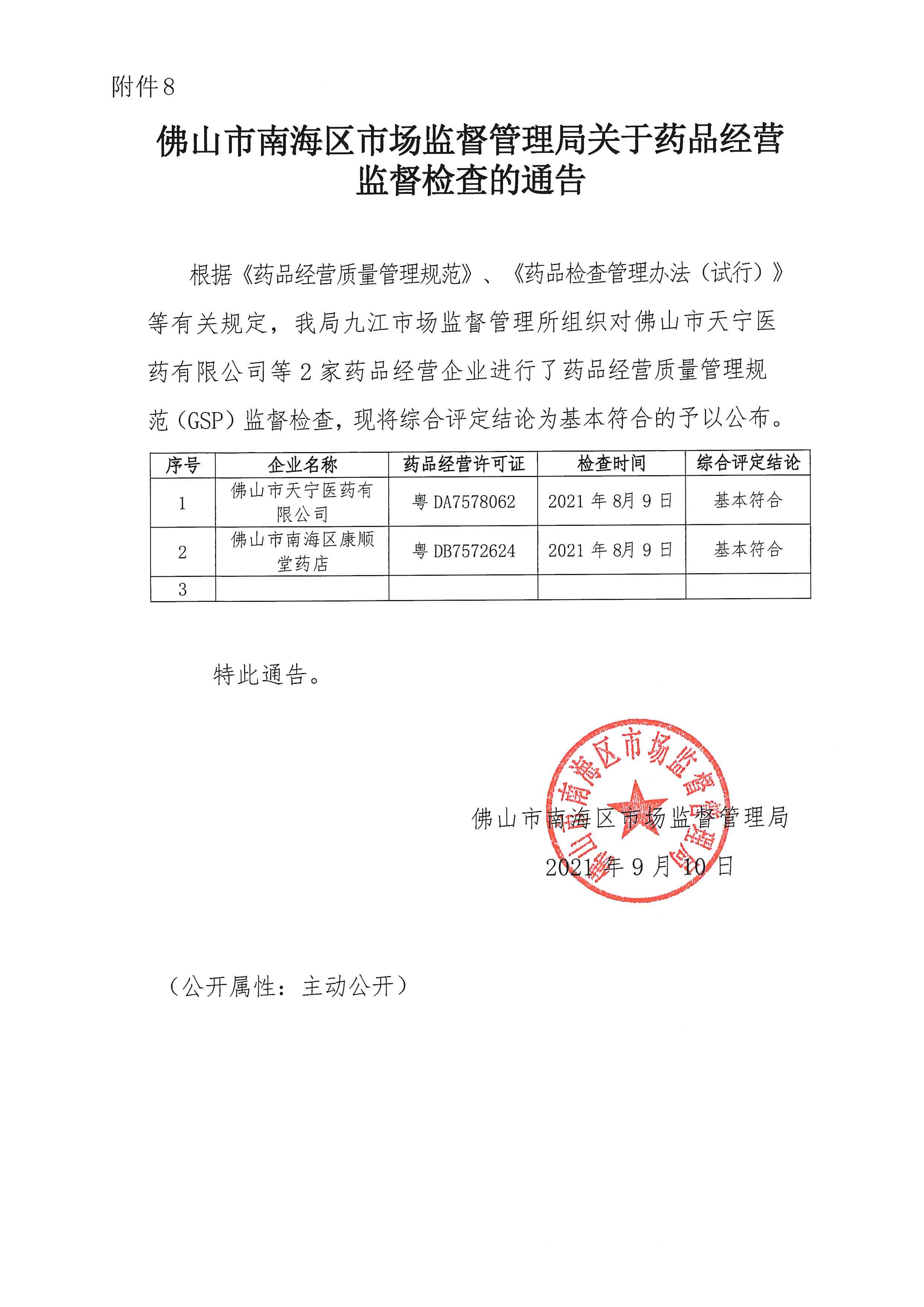 佛山市南海區(qū)市場監(jiān)督管理局關于藥品經(jīng)營監(jiān)督檢查的通告（九江）.jpg